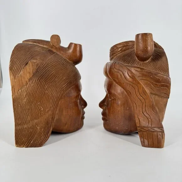 Vintage MCM Hand Carved Solid Wood Tribal Head Bookends Pair 7”